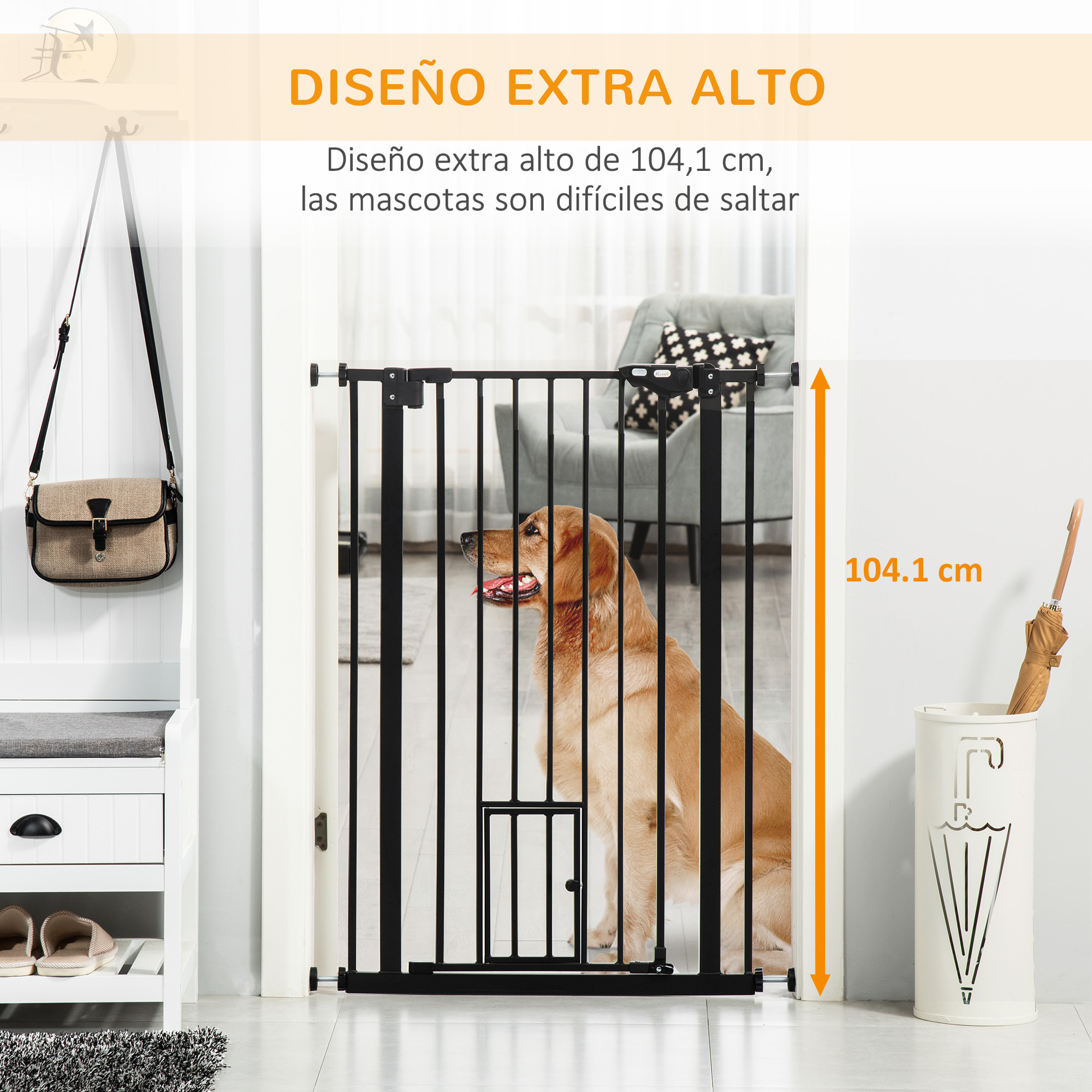 Barrera de Seguridad para Perros con 1 Puerta Pequeña Barrera para Mascotas Extensible con Cierre Automático y Sistema de Doble Bloqueo para Puerta Pasillo Escalera 74-101x104,1 cm Negro