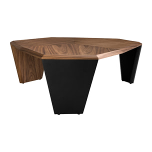 Mesa centro asimétrica con tapa de madera chapada en nogal natural y patas de PVC de en negro 115x96x40cm
