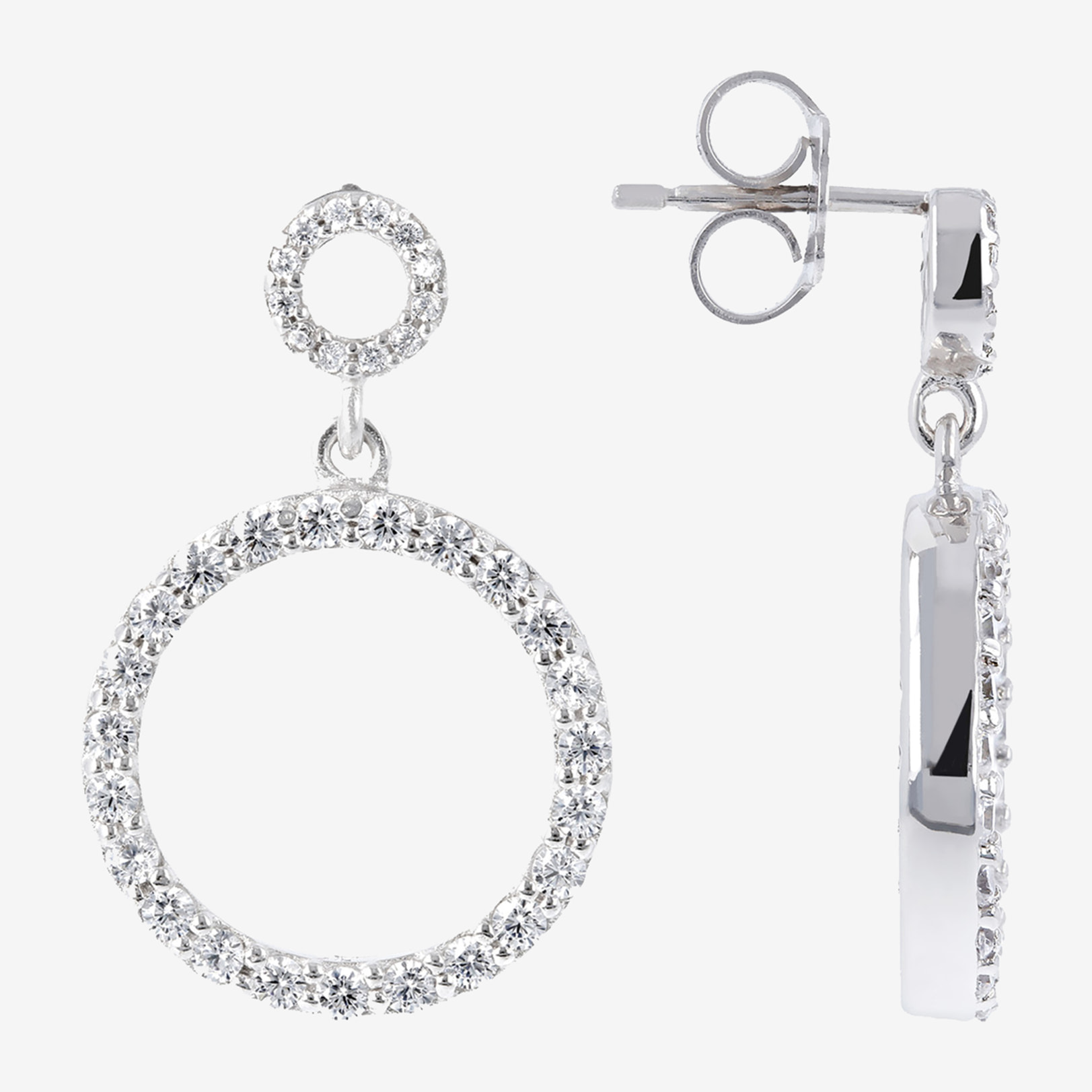 Orecchini Pendenti a Doppio Cerchio con Cubic Zirconia in Argento 925 placcato Platino