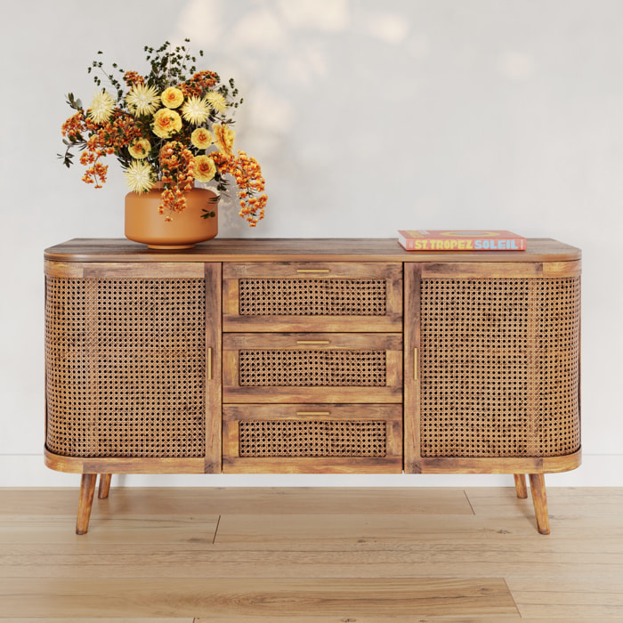 Buffet 2 portes et 3 tiroirs en cannage - Wava
