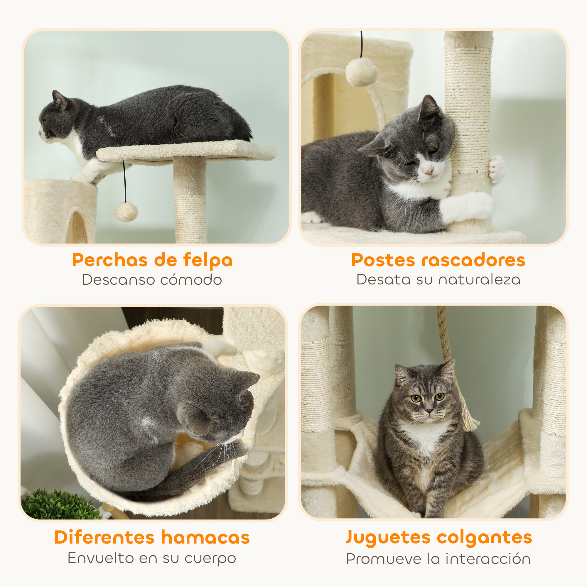 Árbol Rascador para Gatos, Árbol para Gatos 202 cm, Torre Escalador con Plataformas, Cama, Cuevas, Postes de Sisal, Bolas y Cuerda para Jugar, Beige