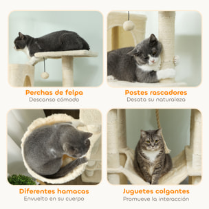 Árbol Rascador para Gatos, Árbol para Gatos 202 cm, Torre Escalador con Plataformas, Cama, Cuevas, Postes de Sisal, Bolas y Cuerda para Jugar, Beige