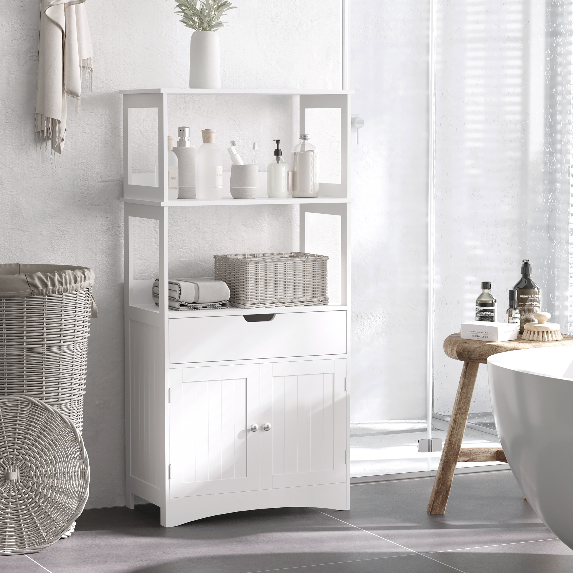 Conjunto de Baño Juego de Armario de Baño con Cajón 3 Estantes y Mueble para Debajo del Lavabo con 2 Puertas Antivuelco 60x33x122,5 cm 60x30x60 cm Blanco