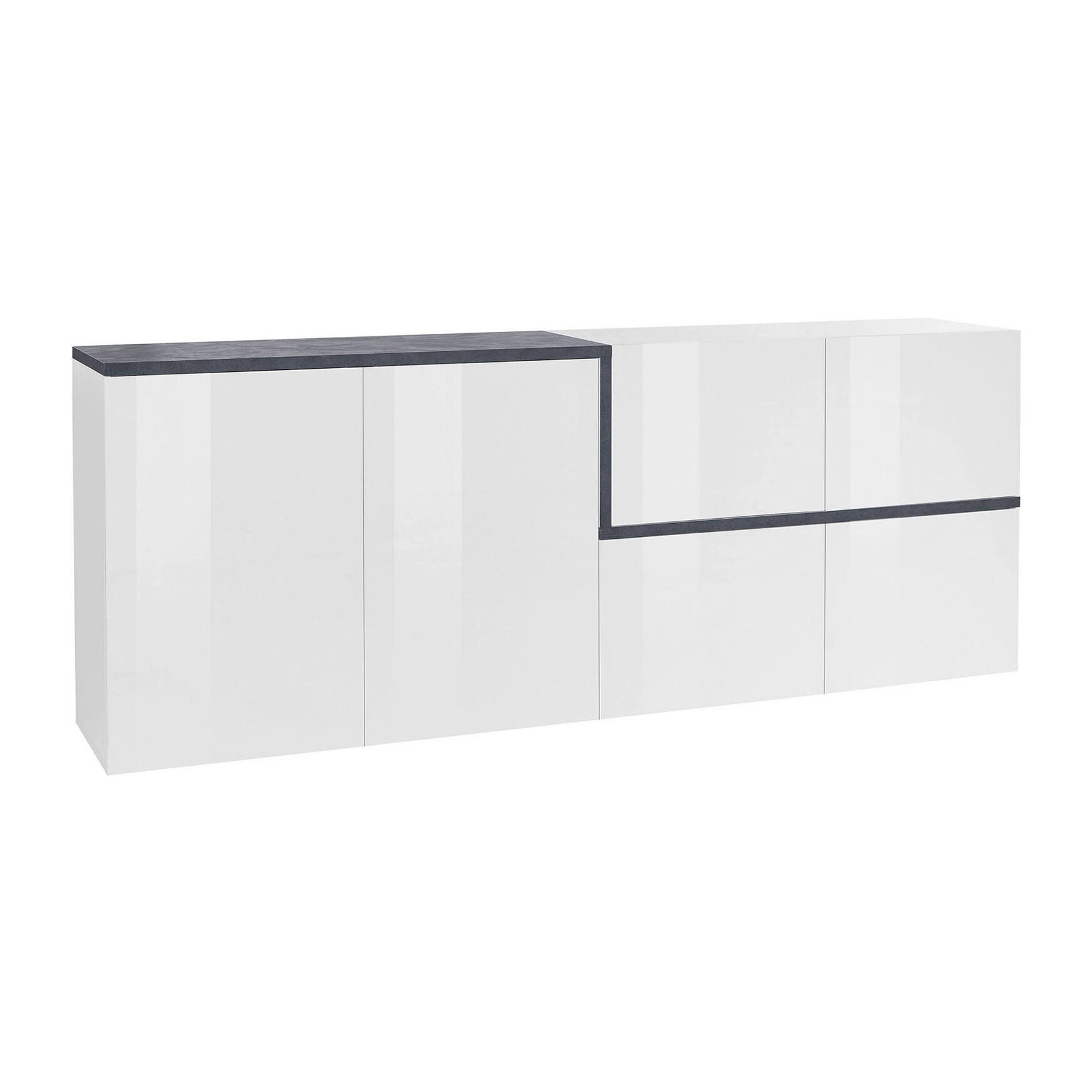 Credenza moderna a 4 ante, Made in Italy, Madia da cucina, Buffet di design da soggiorno, cm 210x40h80, colore Bianco lucido e Grigio Ardesia