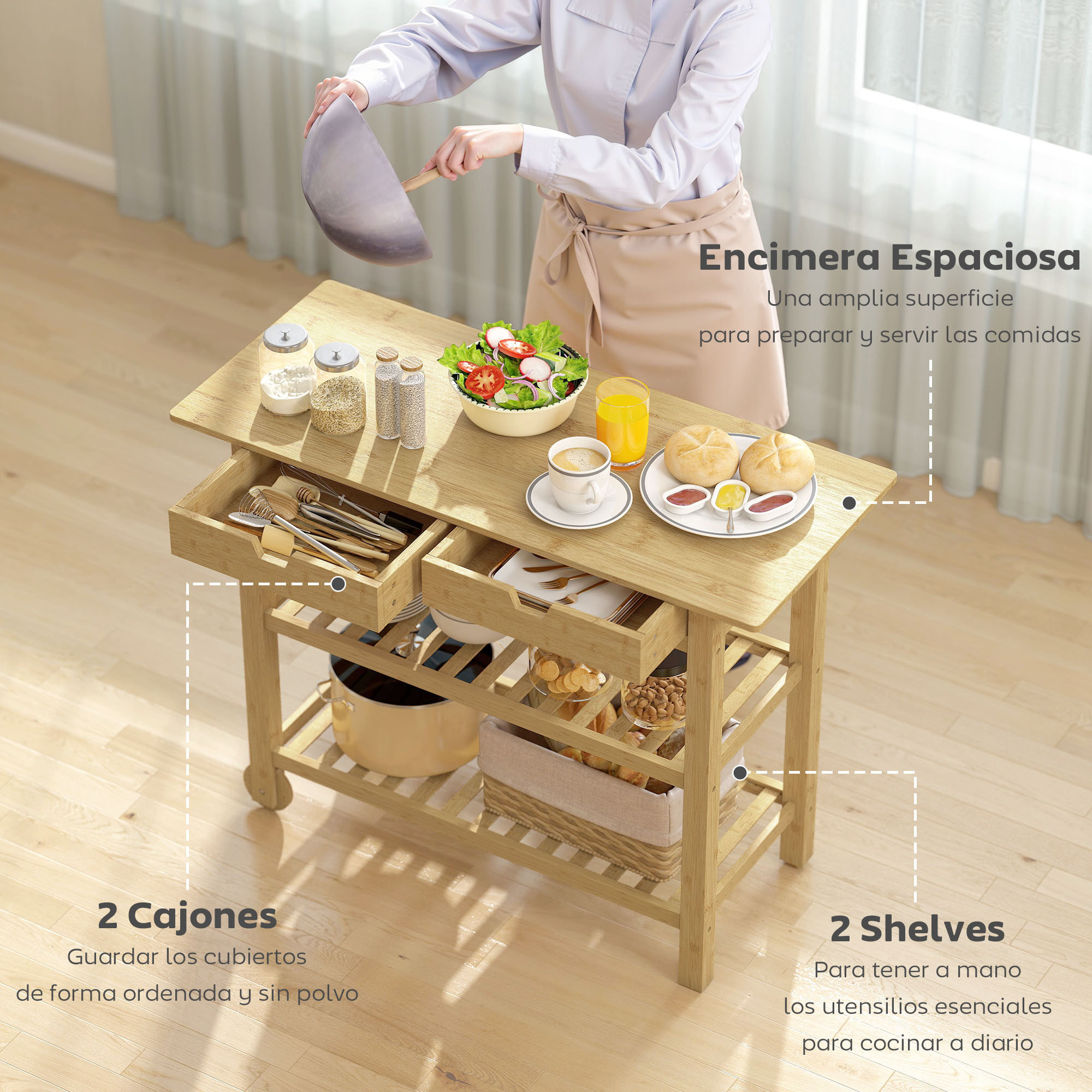 Carrito Auxiliar con Ruedas de Bambú, Carro de Servicio con 2 Cajones, 2 Estantes de Listones, 2 Ruedas, Carrito para Cocina, Restaurante, 100x43x75 cm, Natural