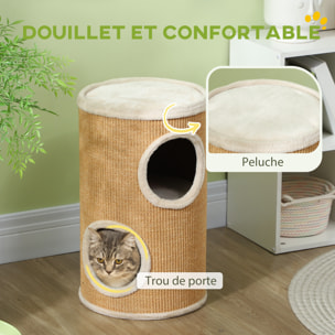 Arbre à chat cylindrique - tour à griffer pour chat - tonneau griffoir - 2 niches + plateforme - sisal peluche beige