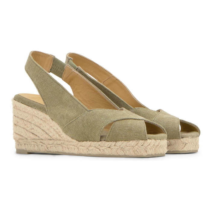 Alpargata destalonada Diana cuña de yute estilo peep toe en algodón orgánico lavado
