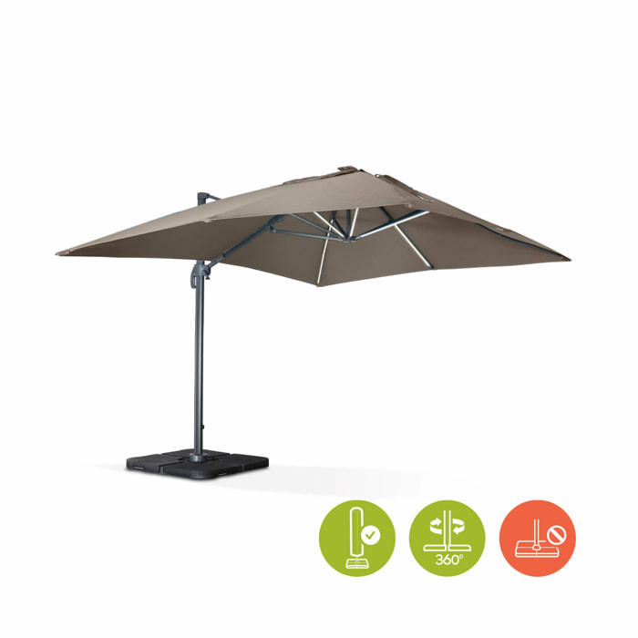 Parasol déporté solaire LED rectangulaire 3x4m haut de gamme - Luce Taupe - Parasol excentré inclinable. rabattable et rotatif à 360°. chargeur solaire