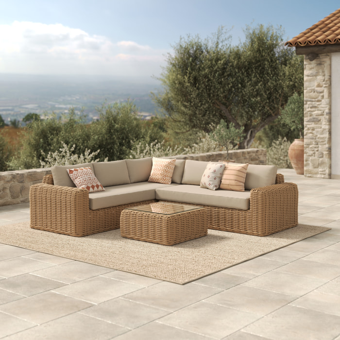 Salon de jardin 4 personnes en résine tressé et tissu beige - Savana