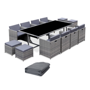 Table de jardin encastrable résine tressée + 12 assises nuances de gris. coussins gris chiné. table encastrable + Housse de protection gris foncé polyester