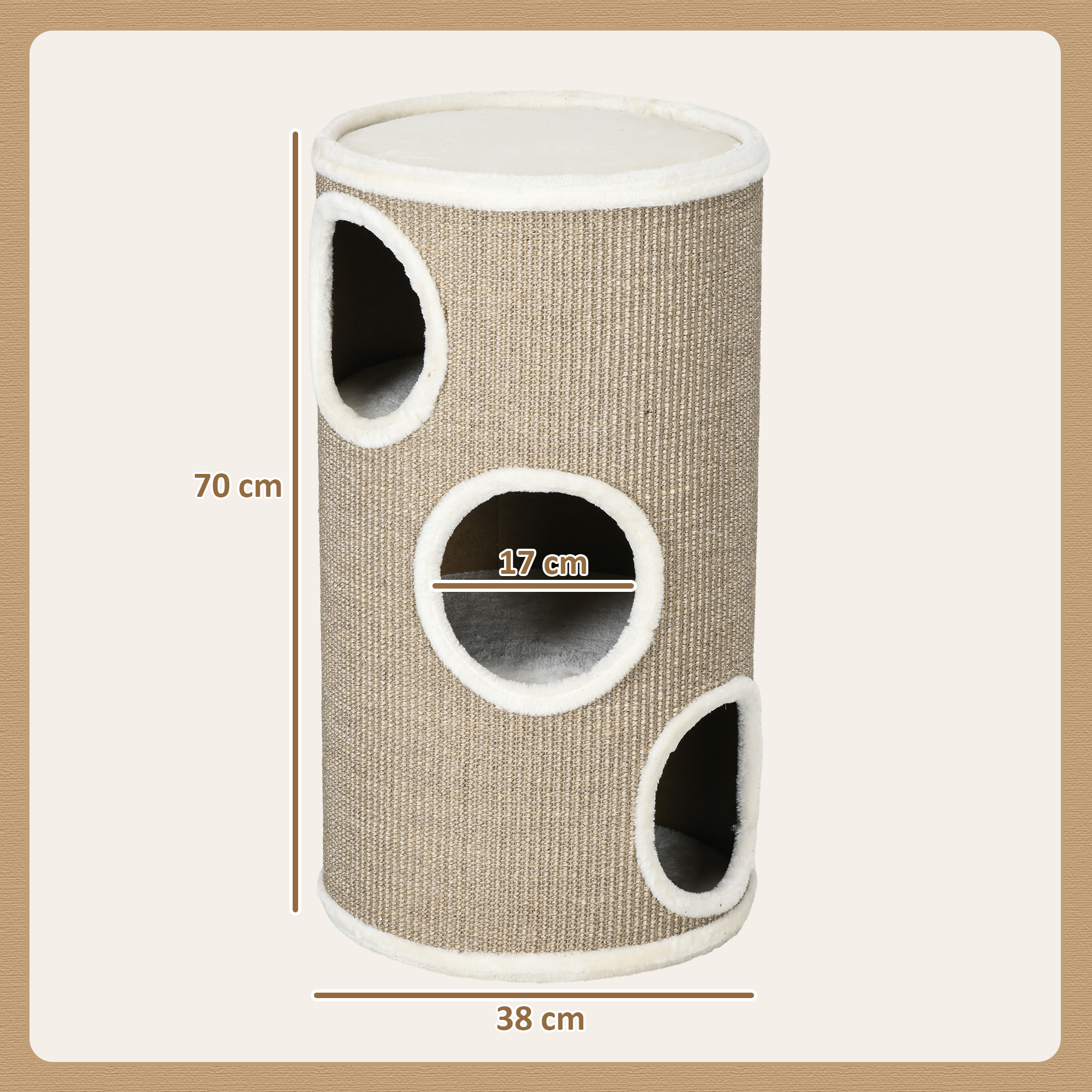 Arbre à chat cylindrique - tour à griffer pour chat - tonneau griffoir - 3 niveaux + plateforme - sisal peluche brun clair