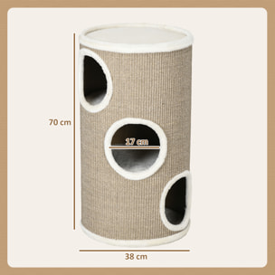 Arbre à chat cylindrique - tour à griffer pour chat - tonneau griffoir - 3 niveaux + plateforme - sisal peluche brun clair