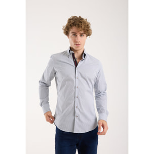 Camicia Uomo 2 Bottoni Button Down Slim Popeline Stretch Stampato Bianco e Blu