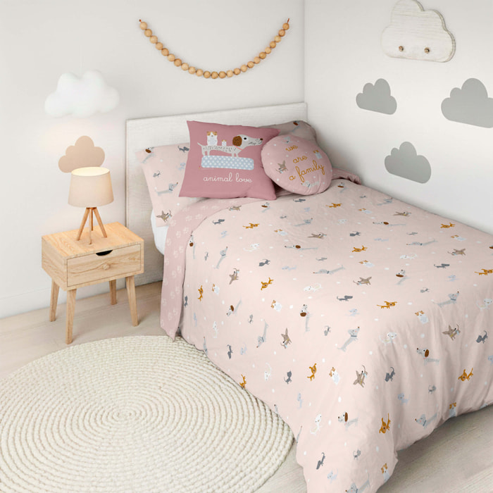 Funda Nórdica Estampada - Reversible - Infantil - Cierre Solapa - 100% Algodón - Incluye 1 Funda de Almohada - Amigos Peludos