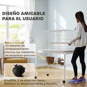 Jaula para Pájaros con Divisor Pajarera con Ruedas 4 Comederos 4 Perchas y Bandeja Extraíble Jaula para Loros Canarios Periquitos 94x57x128 cm Blanco