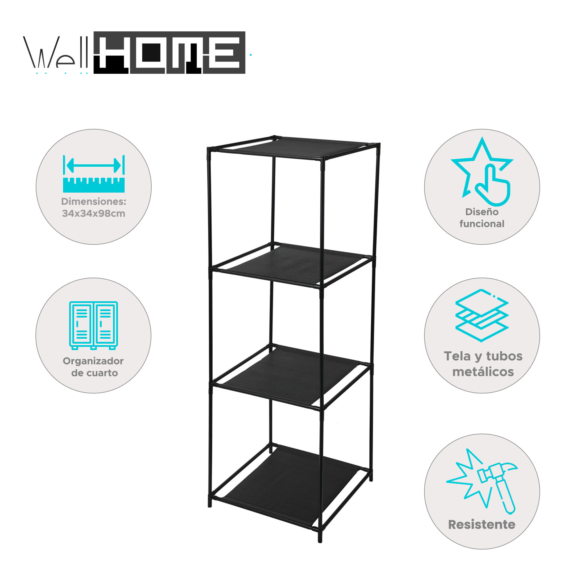 Well home estantería con 3 compartimentos de tela y tubos metálicos h.98cm