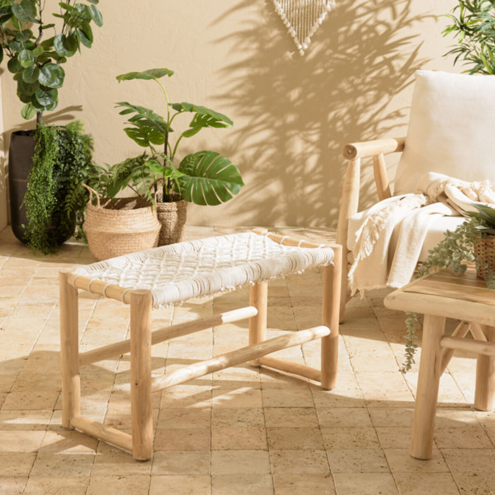 WILL - Banc en branches de teck naturel assise en macramé blanc