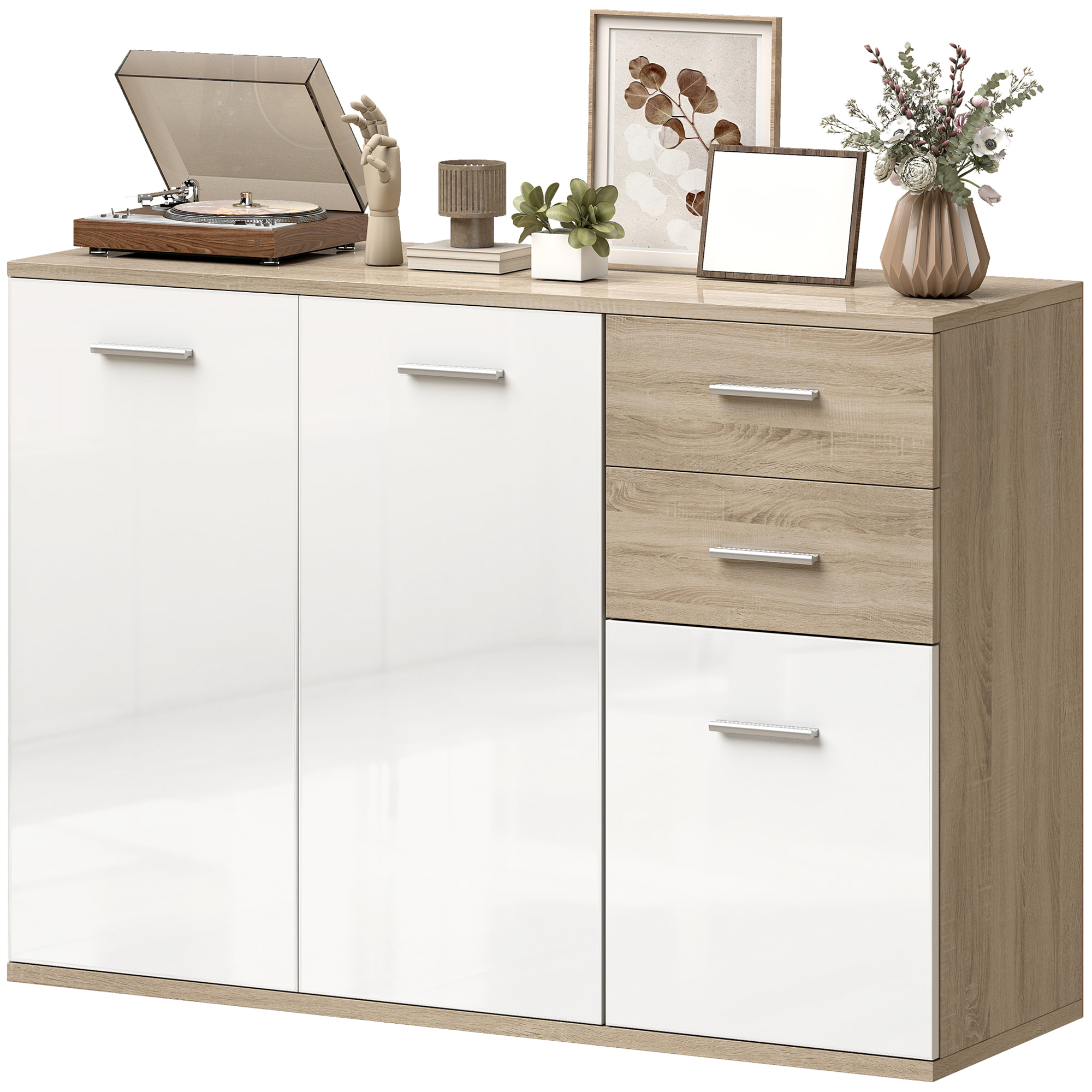 Buffet 2 tiroirs coulissants 2 placards étagère réglable panneaux blanc laqué effet bois naturel