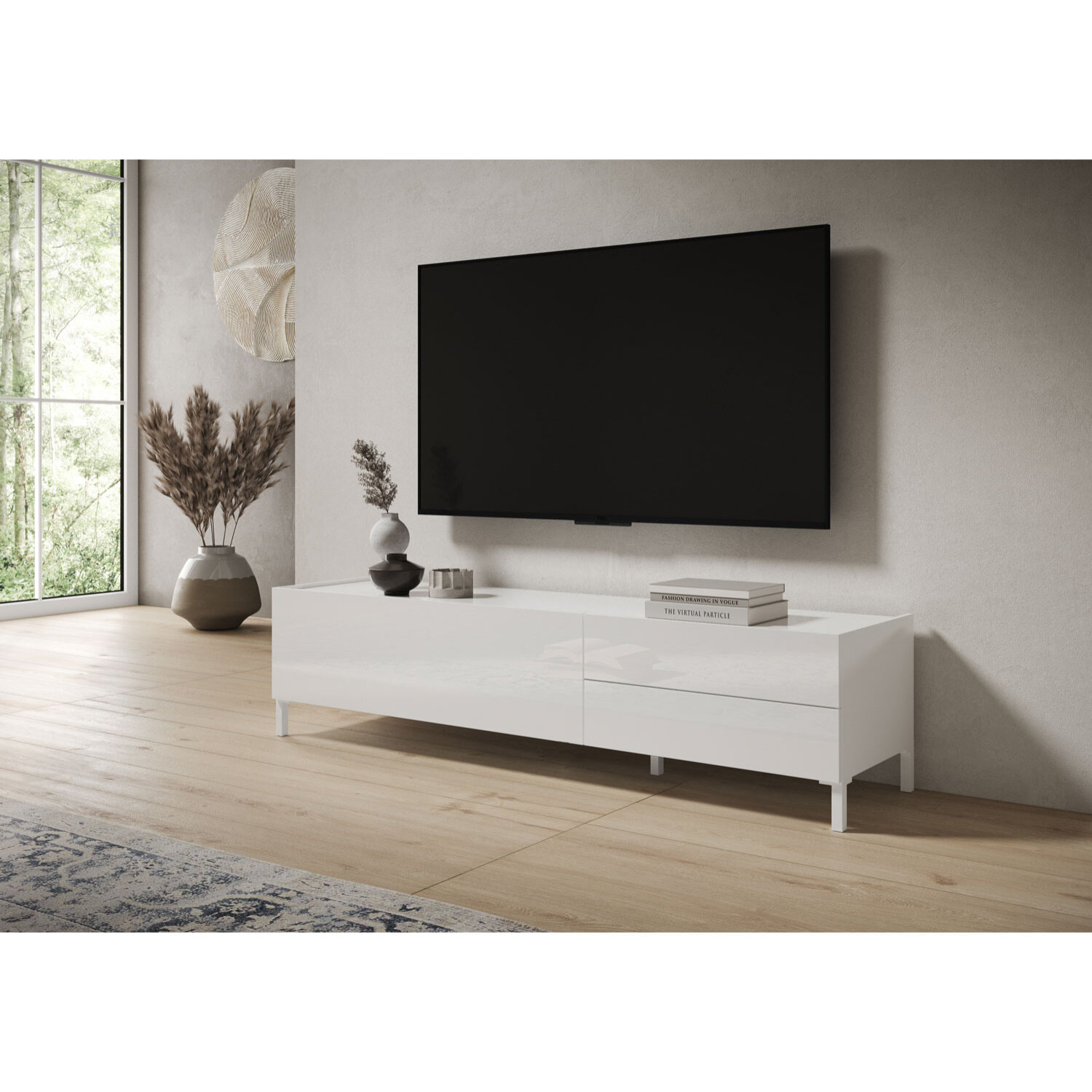 Meuble de TV 1 puerta abatible y 2 cajones 160x42x40 cm Solaria blanco brillante