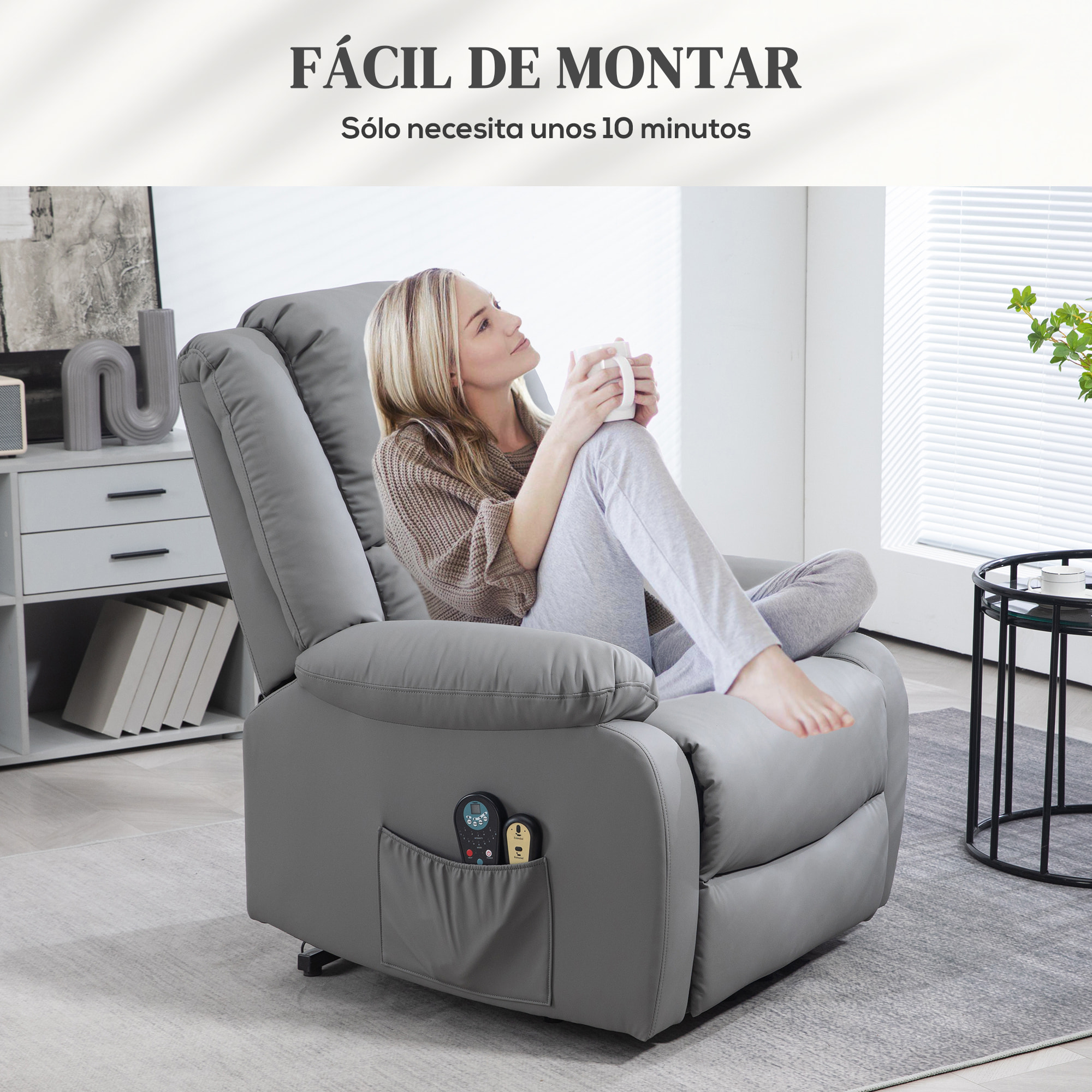 Sillón Relax Levanta Personas Eléctrico Sillón Elevador con 8 Punto de Masaje Sillón Eléctrico Reclinable con Función de Calentamiento 2 Controles Remotos y Bolsillo Lateral Gris