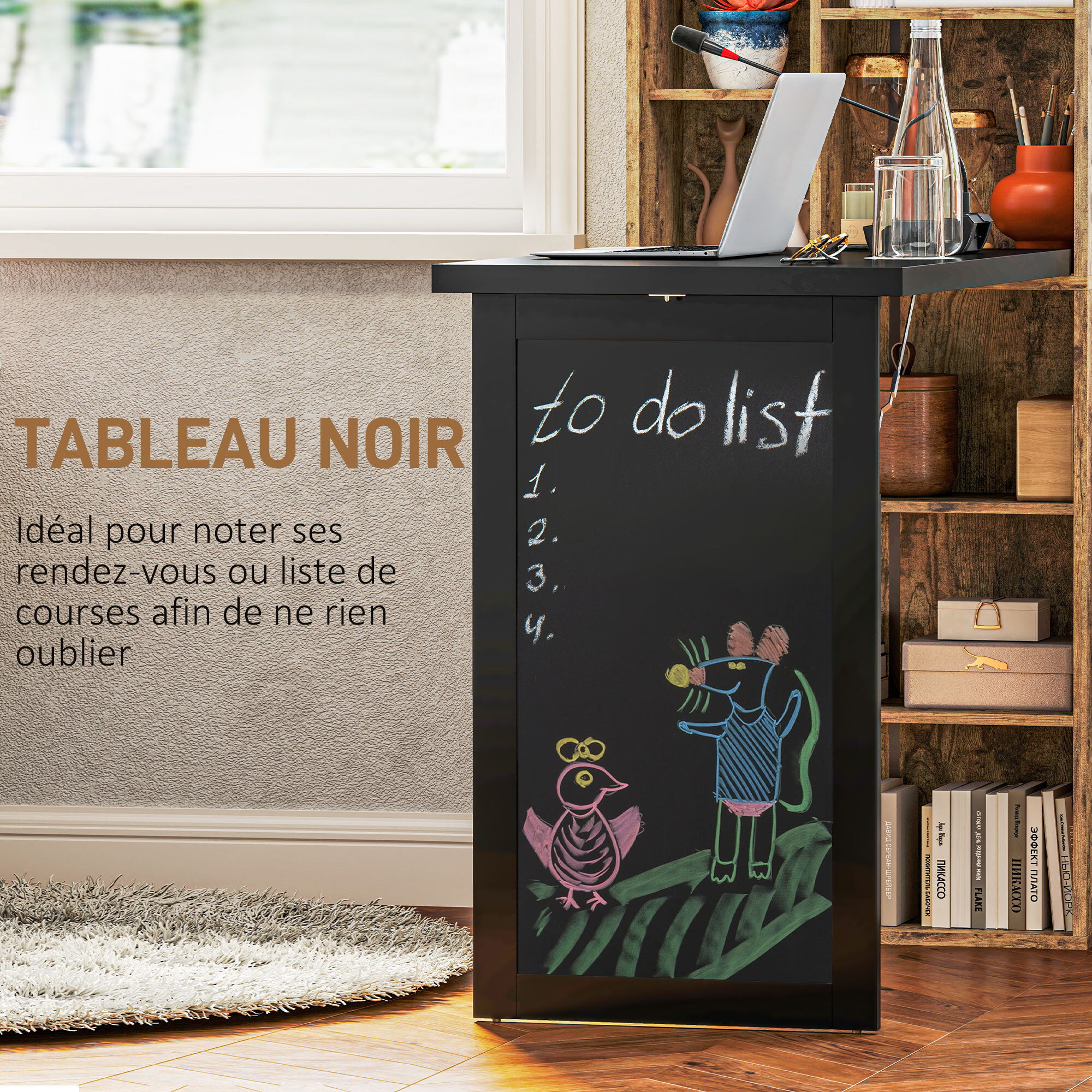 Bureau mural pliable table murale rabattable suspendue sur pied avec bibliothèque tableau à craie intégré panneaux particules bois