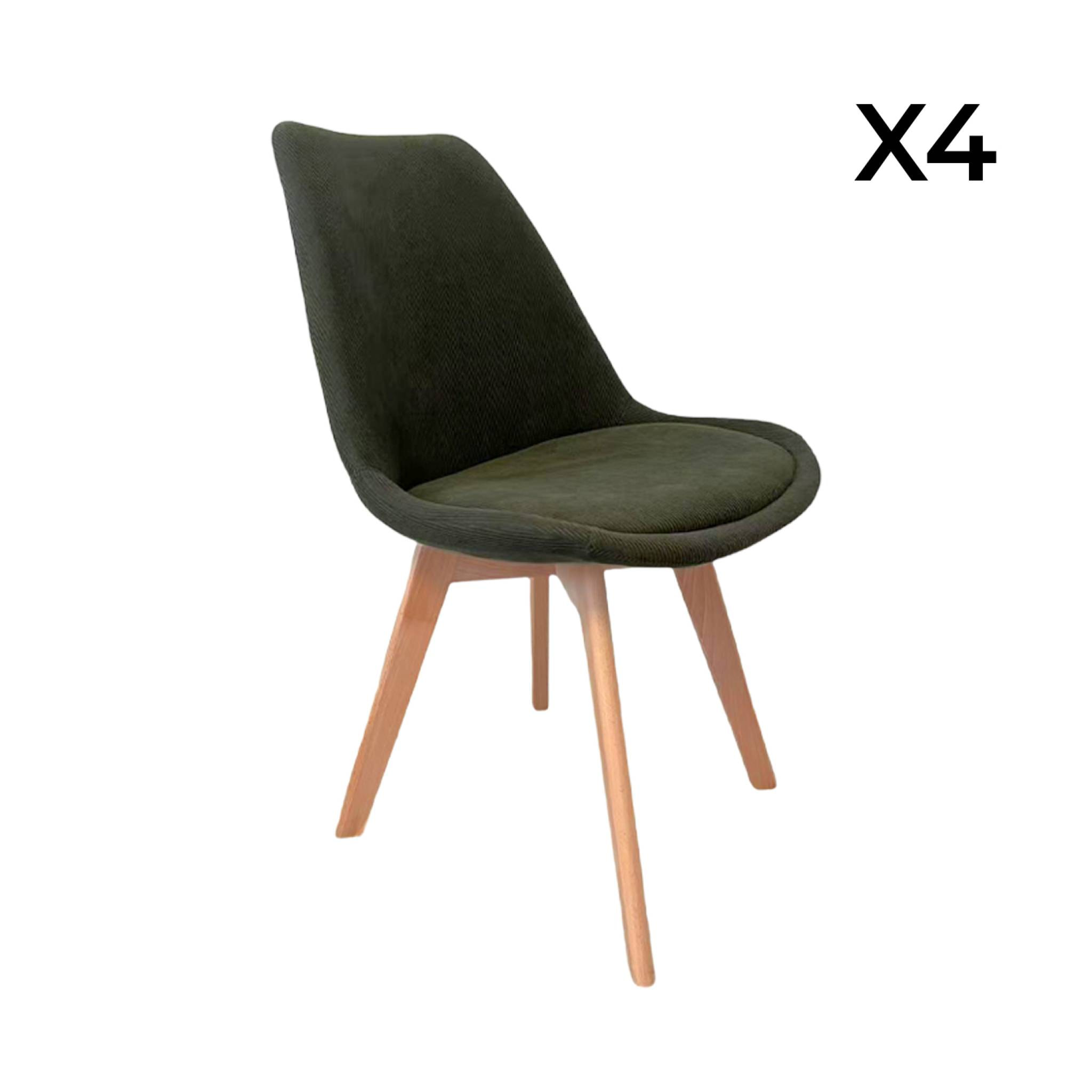 Lot de 4 chaises scandinaves revêtement velours côtelé kaki. pieds bois de hêtre - Nils