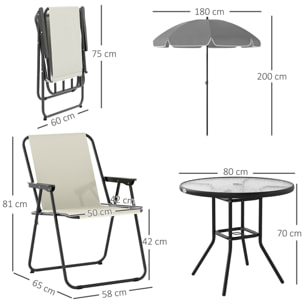 Conjunto de Mesa y Sillas Jardín de 6 Piezas Muebles de Jardín Exterior con 4 Sillas Plegables Mesa de Vidrio y Sombrilla para Terraza Patio Crema