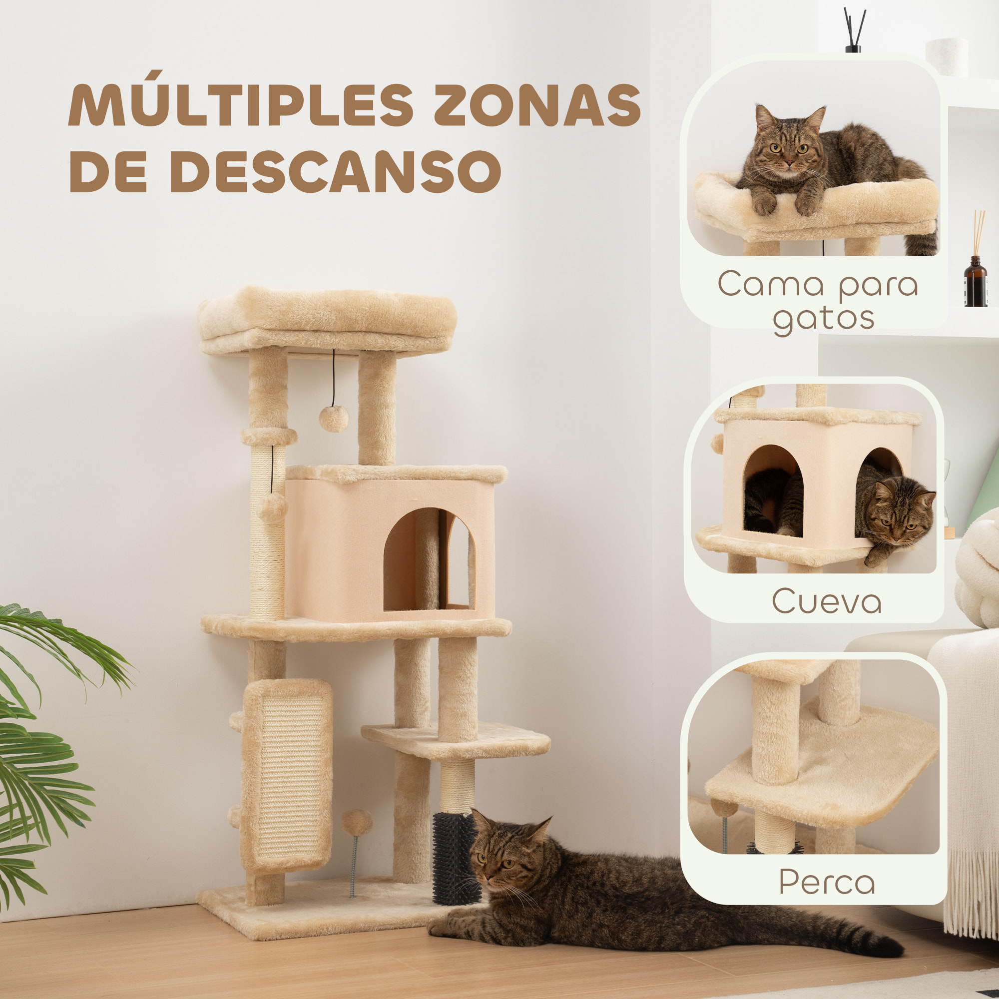 Árbol Rascador para Gatos Altura 104 cm Árbol para Gatos Torre para Gatos con Plataformas Poste con Cepillo Bolas Colgantes y Almohadilla para Rascar Beige