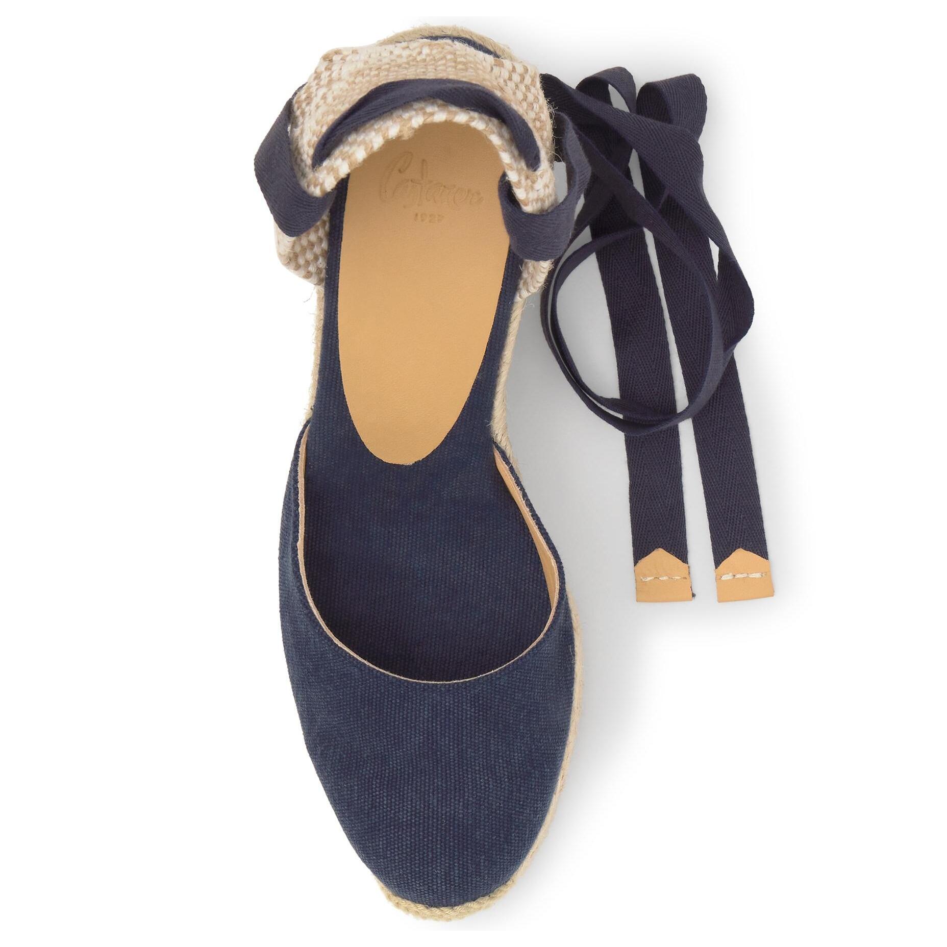 Alpargata de cuña 6 cm en lona de algodón con cintas al tobillo y talonera trenzada