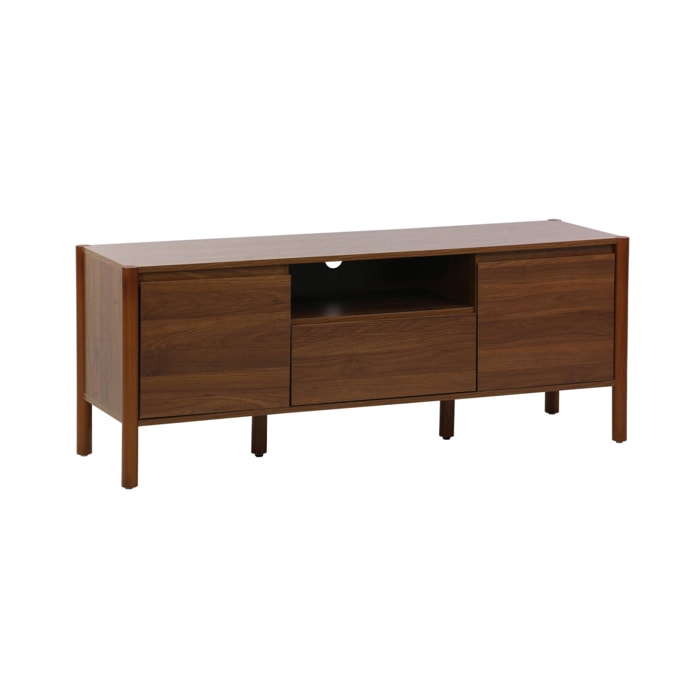 Meuble TV décor bois 2 portes 1 tiroir 140cm noyer - 140 x 42 x 55 cm - Harmony