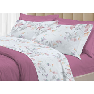 Completo Lenzuola Matrimoniale in Raso 60/60 Morbidezza Eleganza Floreale Ginko Colors