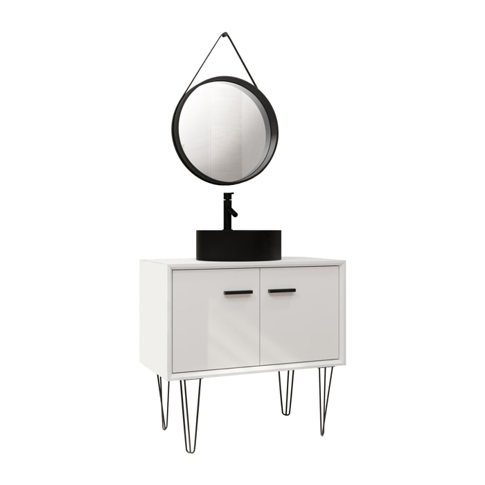 Meuble Salle de Bains 80cm Blanc et Noir sur pieds - 2 portes - Vasque Ronde et Miroir Barbier Noir