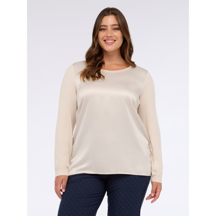 Fiorella Rubino - T-shirt bimaterica a maniche lunghe - Beige