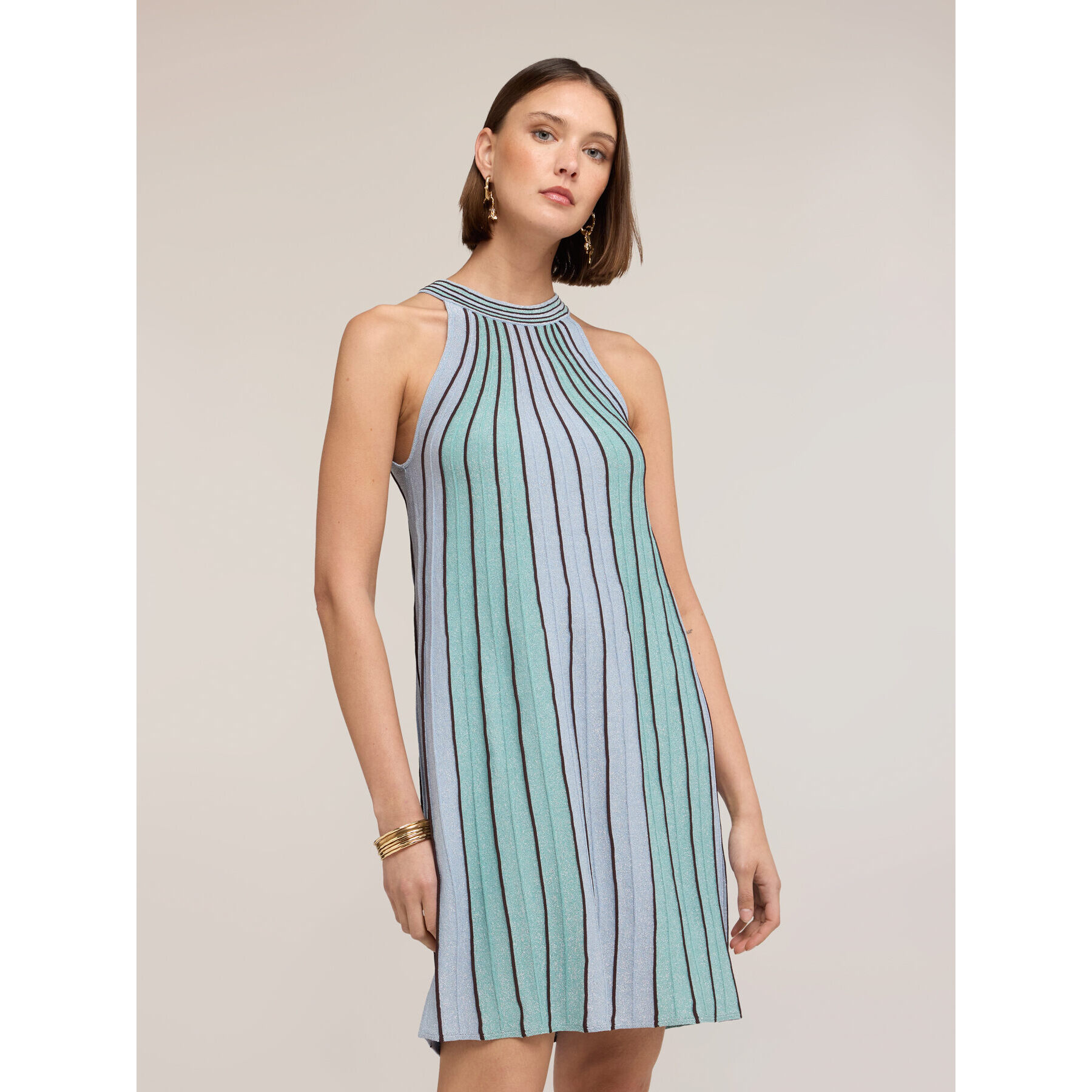 Motivi - Vestito corto in maglia plissé lurex - Verde acqua