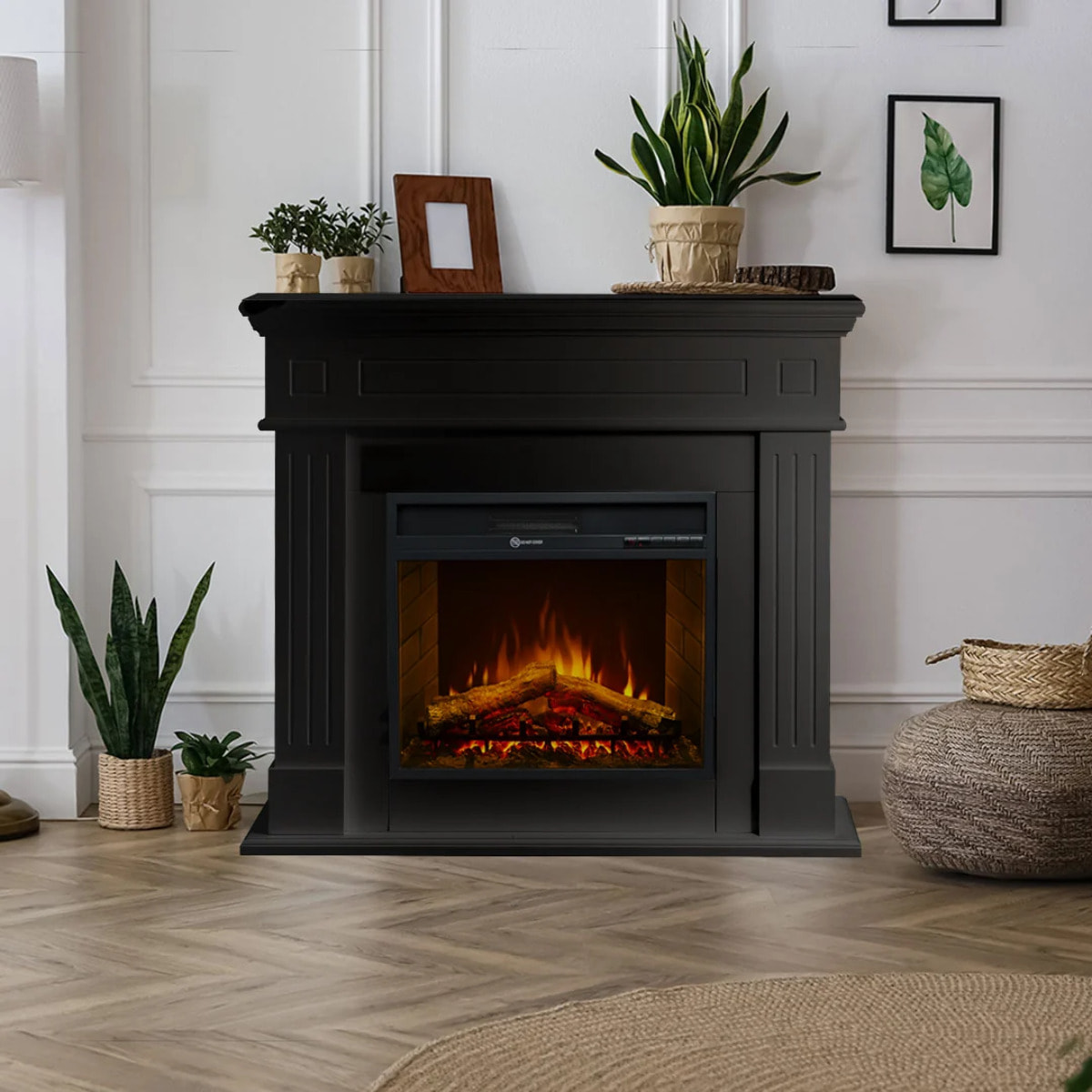 Cambridge - Camino Elettrico da Terra con Effetto Fiamma 110x100x36 cm In Legno Nero