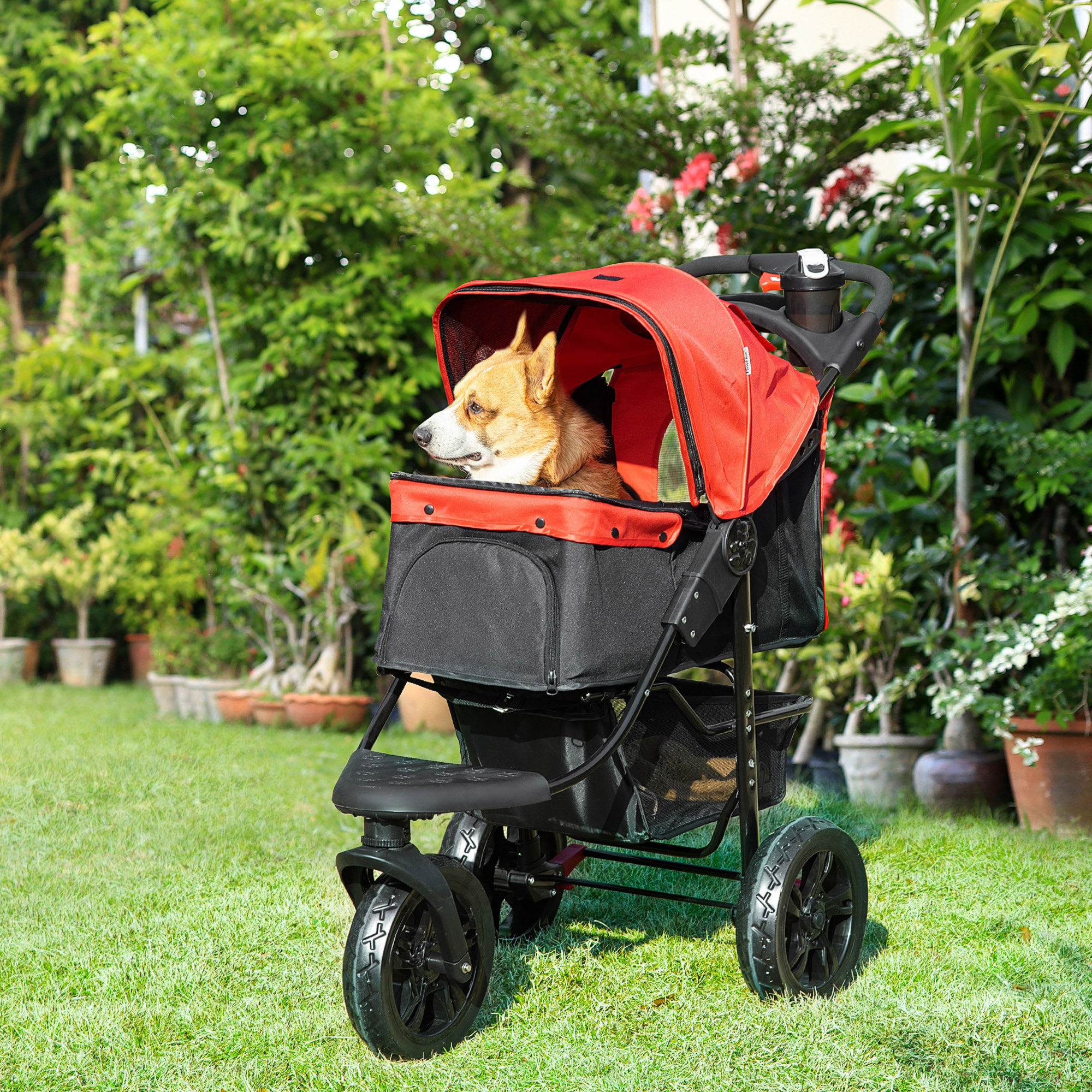 Cochecito para Mascotas Plegable Carritos para Perros con 3 Ruedas Puerta Ventanas de Malla Cesta de Almacenaje y Correas de Seguridad Marco Acero 109,5x57,5x106,5 cm Rojo