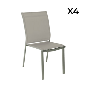 Lot de 4 chaises de jardin CLEVELAND empilables aluminium et textilene kaki. 64.5 x 45.5 x 89.5 cm