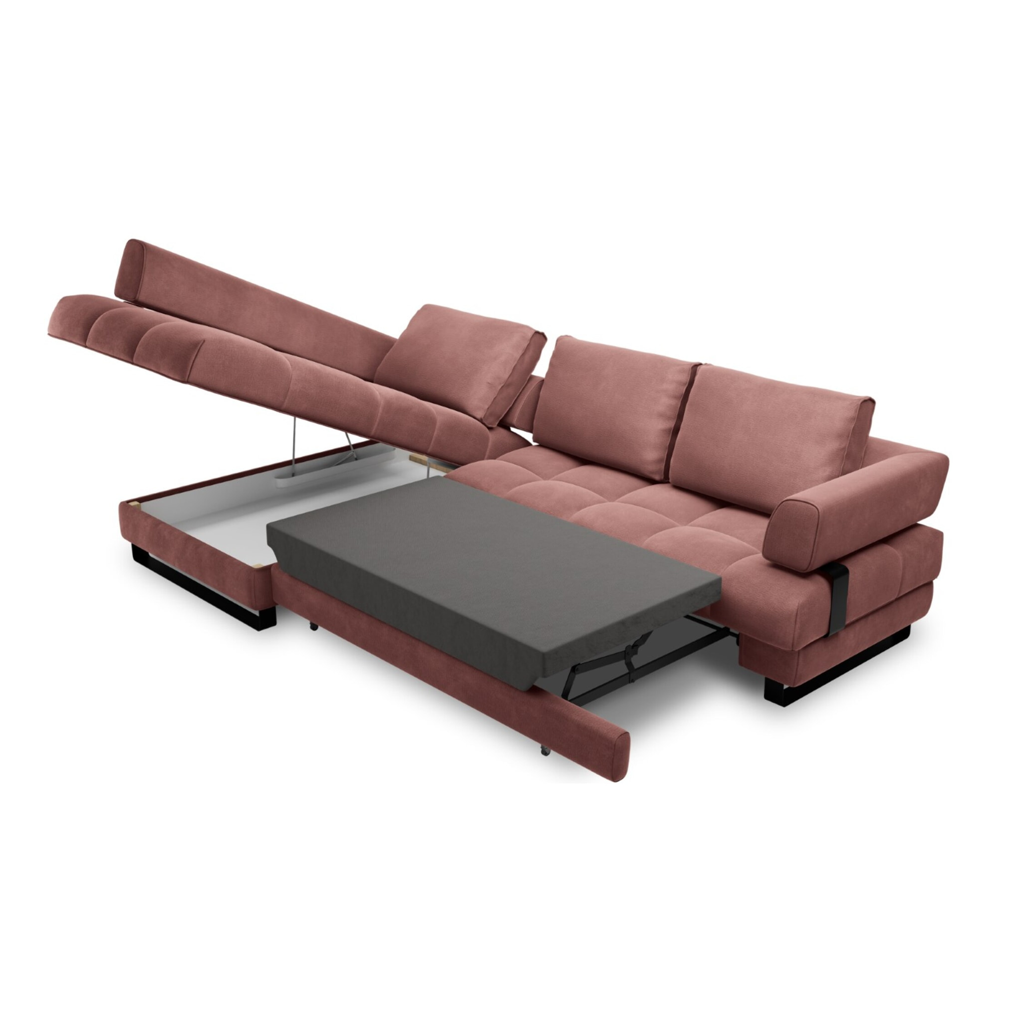Canapé d'angle gauche convertible avec coffre de rangement "Clinton" 5 places en velours rose
