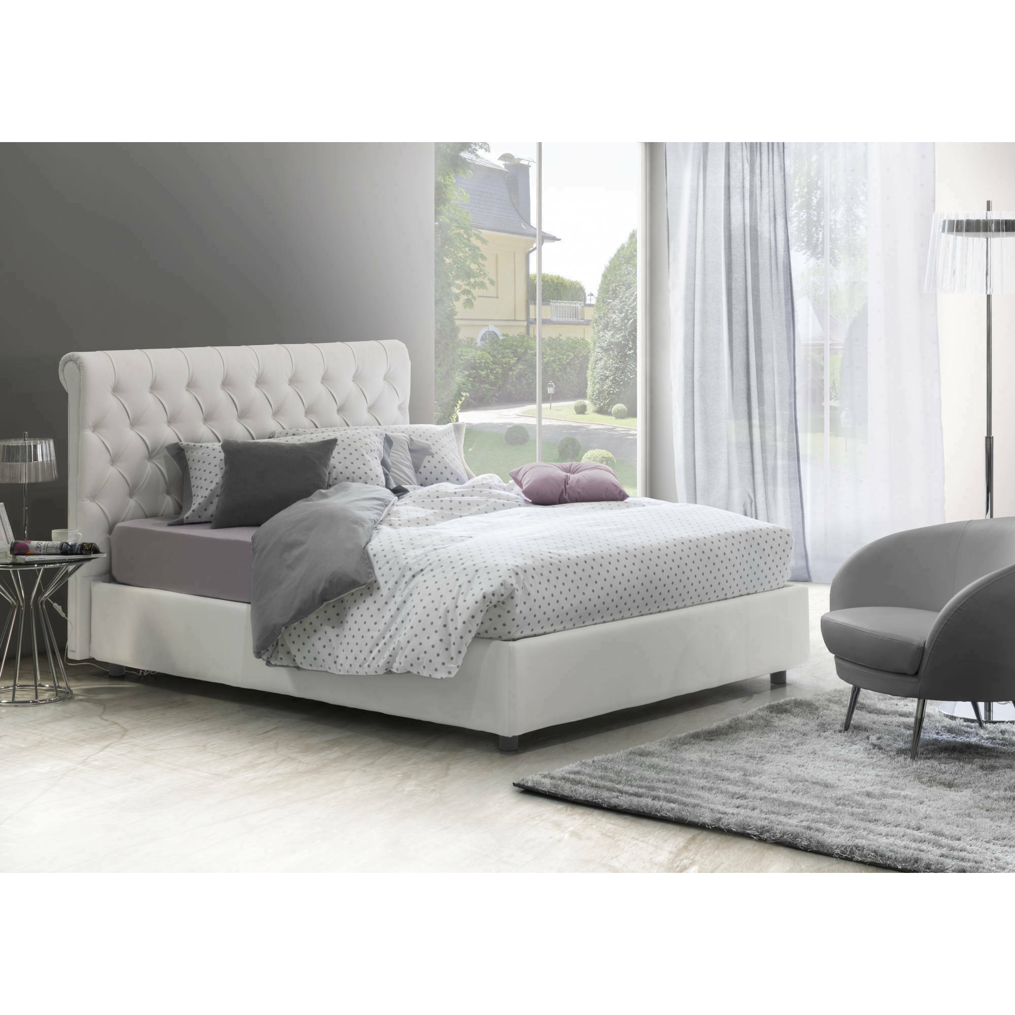 Letto matrimoniale Claretta, Letto contenitore e testata in ecopelle, 100% Made in Italy, Apertura frontale, Bianco, adatto a materasso da 160x190 cm