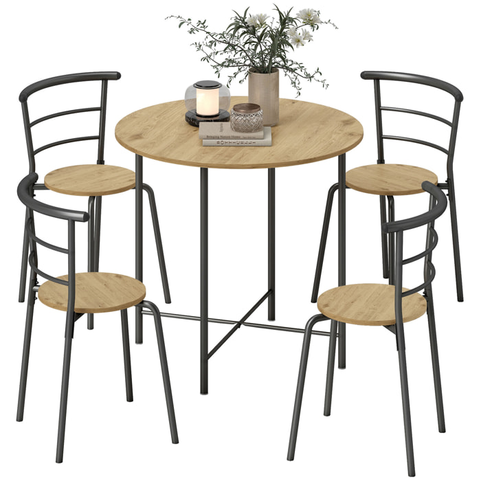 Juego de Mesa y Sillas de Comedor, Mesa de Cocina Redonda con 4 Sillas, Estilo Industrial, Marco Metálico, para Espacios Pequeños, Salón, Natural