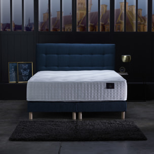 Ensemble Hélios + tête de lit capitonnée - Matelas ressorts ensachés Mémoire de forme Latex - Sommier Bleu Marine