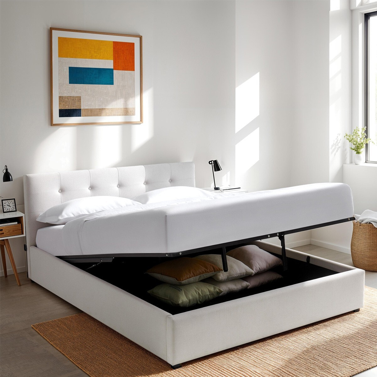 Lit coffre avec tête de lit en tissu - TINA