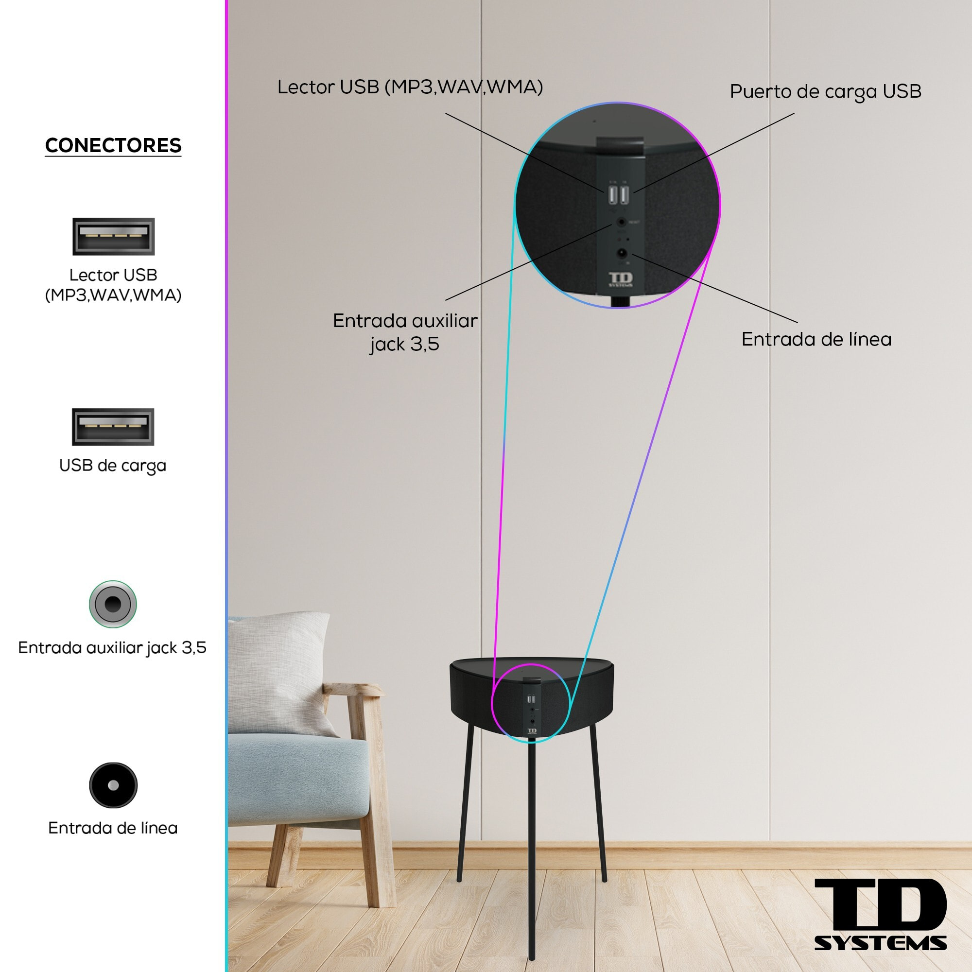 Mesa auxiliar altavoz portátil con sonido de 20W, Bluetooth, Base de carga inalámbrica, batería de 2500mAh. Mesilla o mesita para dormitorio o sala de estar - TD Systems SM20B11PGO [Gris oscuro]