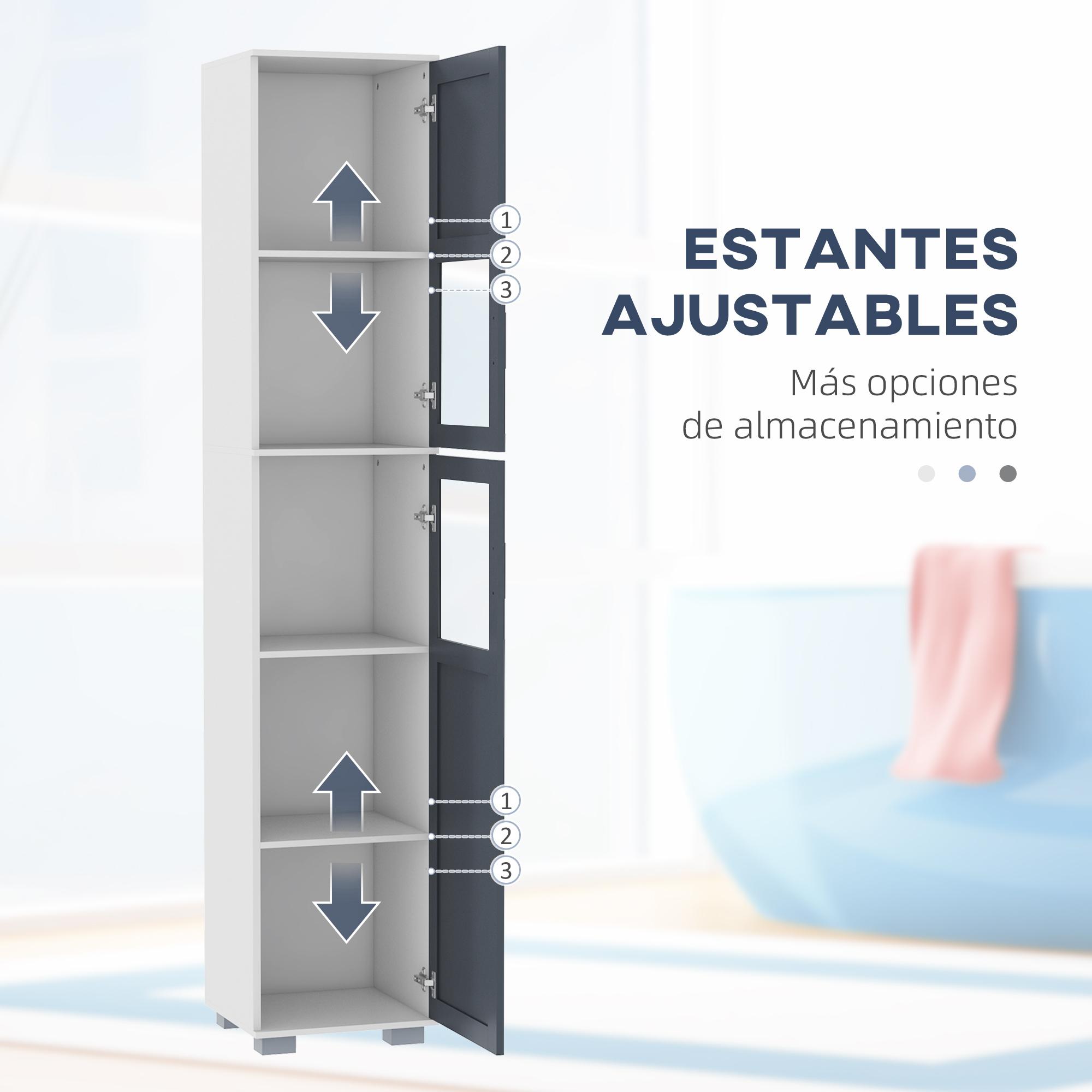 Armario Alto de Baño Mueble Columna de Baño con 2 Puertas de Vidrio Templado y Estantes Ajustables 37x35x190 cm Blanco y Gris