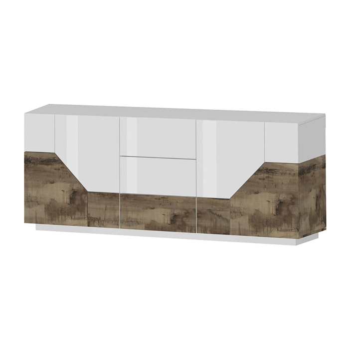 Credenza moderna a 4 ante geometriche e 3 cassetti, Made in Italy, Madia da cucina, Buffet di design da soggiorno, Cm 220x43h86, Bianco lucido e Acero