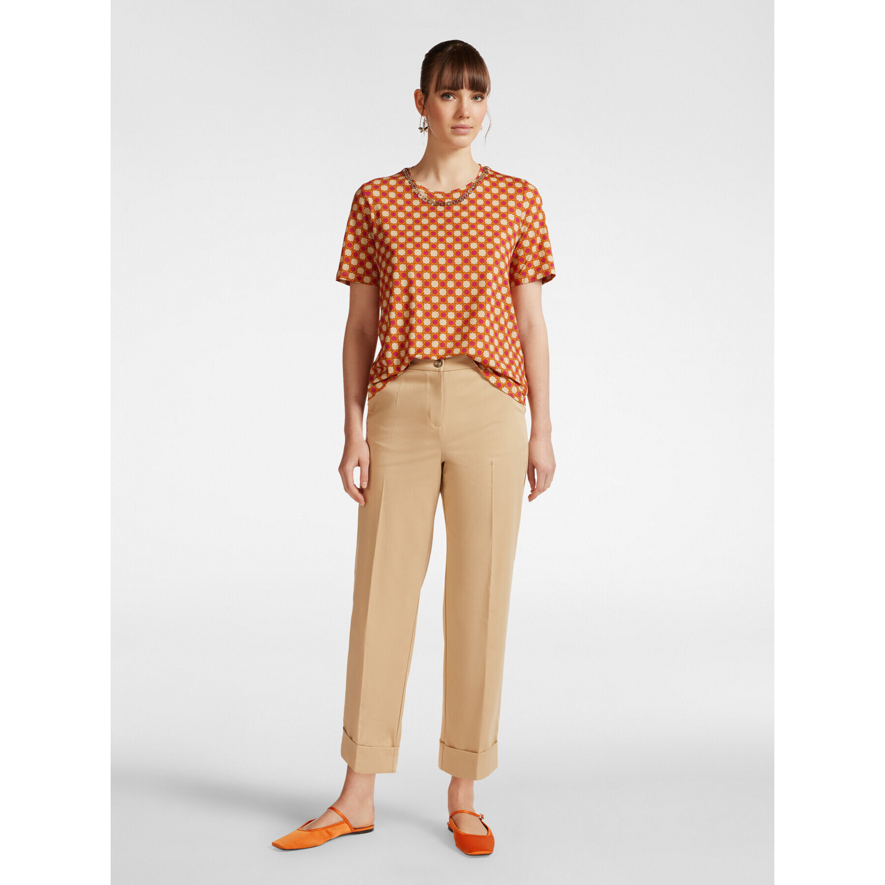 Elena Mirò - Camiseta estampada con collar - Naranja sol