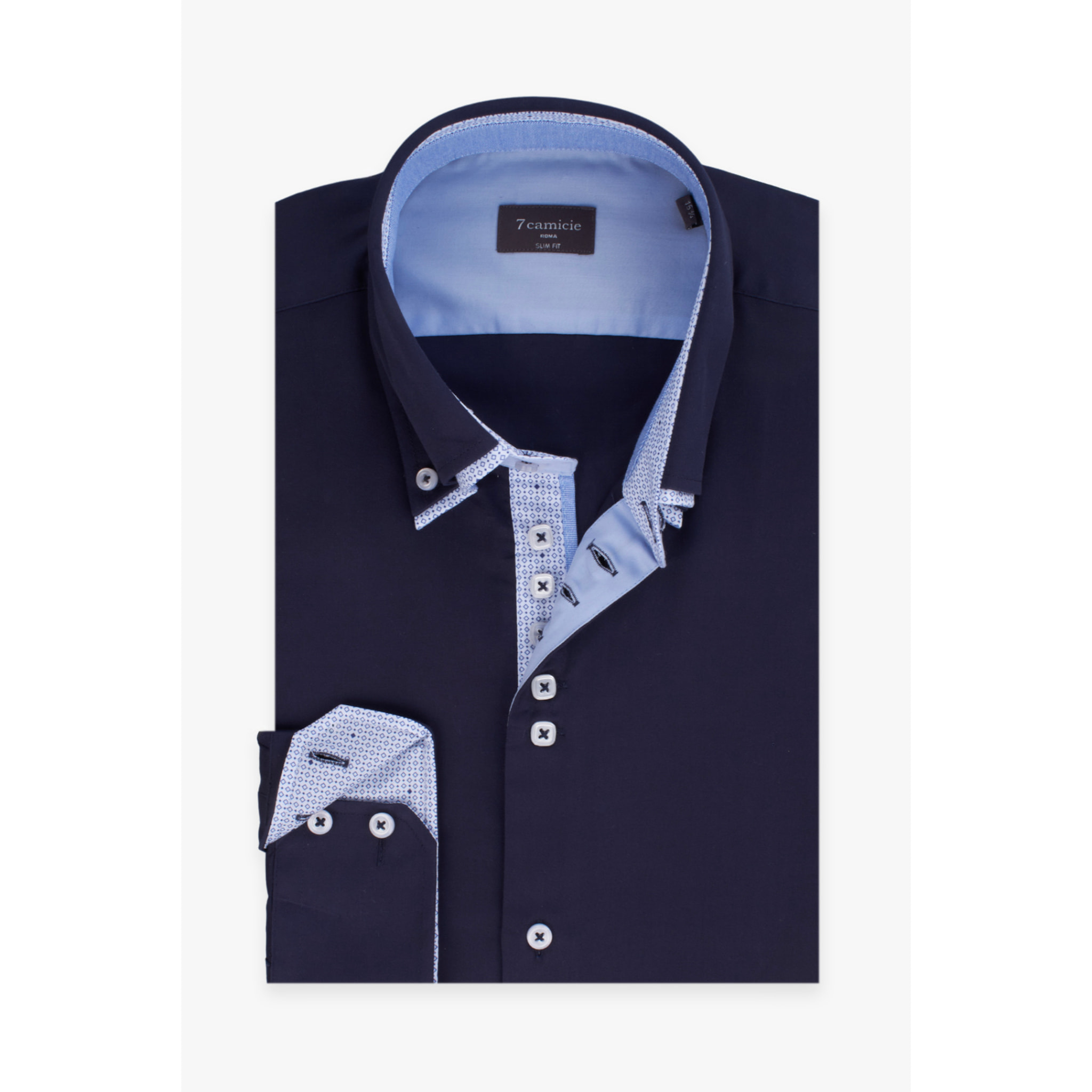 Camicia Uomo 2 Bottoni Button Down 7bottoni Doppio Coll Satin Unito Blu