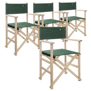 Set de 4 sillones director plegables estructura sin barniz y lona color verde oscuro