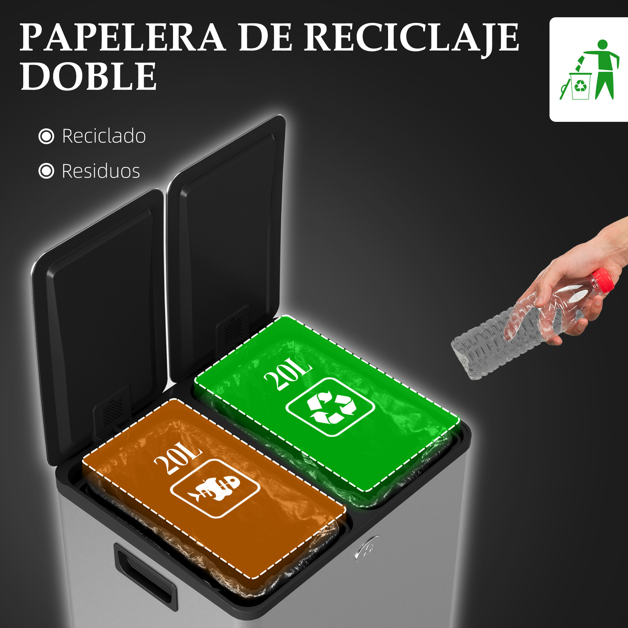 Cubo de Basura de Cocina con 2 Compartimentos 2x20L Papelera Cocina de Acero Inoxidable con Pedal Tapas de Cierre Suave y Cubo Extraíble para Dormitorio Oficina Salón Plata