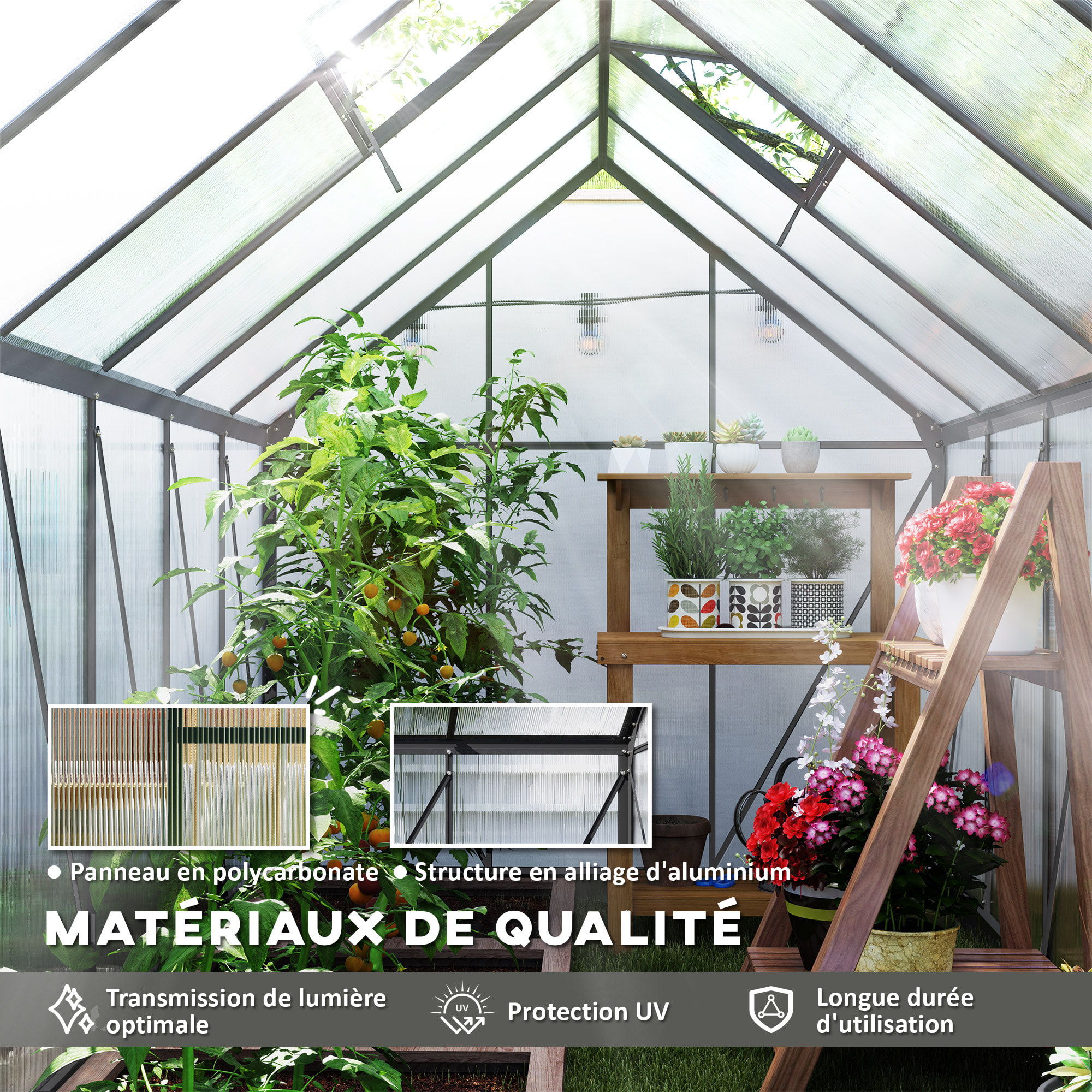 Serre de jardin polycarbonate alu 7 m² dim. 3,75L x 1,9l x 1,99H m lucarne réglable fondation porte coulissante gris